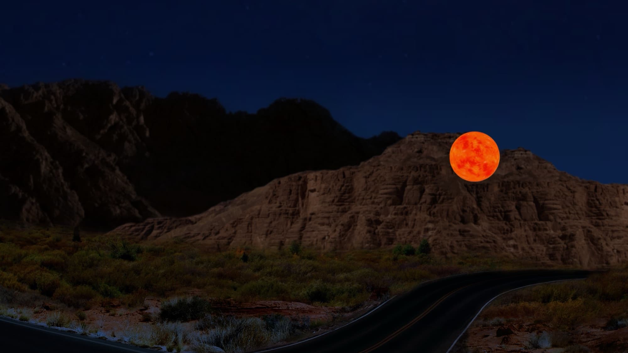 FBI-UAP-D021 — FBI digital rendering of the October 2023 Western US Event: a glowing orange-red orb hovering against a desert mountainside above a two-lane road at night. Prepared by the FBI in 2026 from a federal agent's first-hand description and released by the Department of War in PURSUE Release 03.