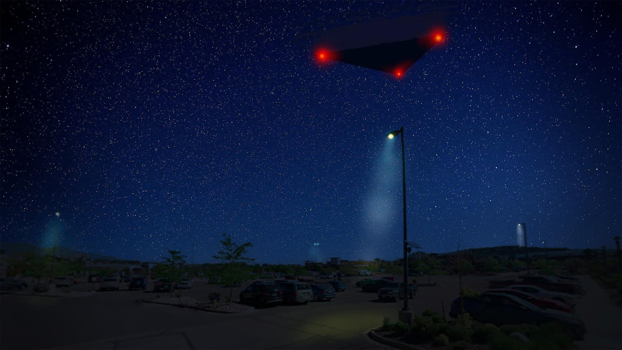 FBI-UAP-D031 — the FBI's digital rendering of a large triangular object with red lights reported near Colorado Springs, Colorado in October 2023, prepared in 2026 from a witness's first-hand description.