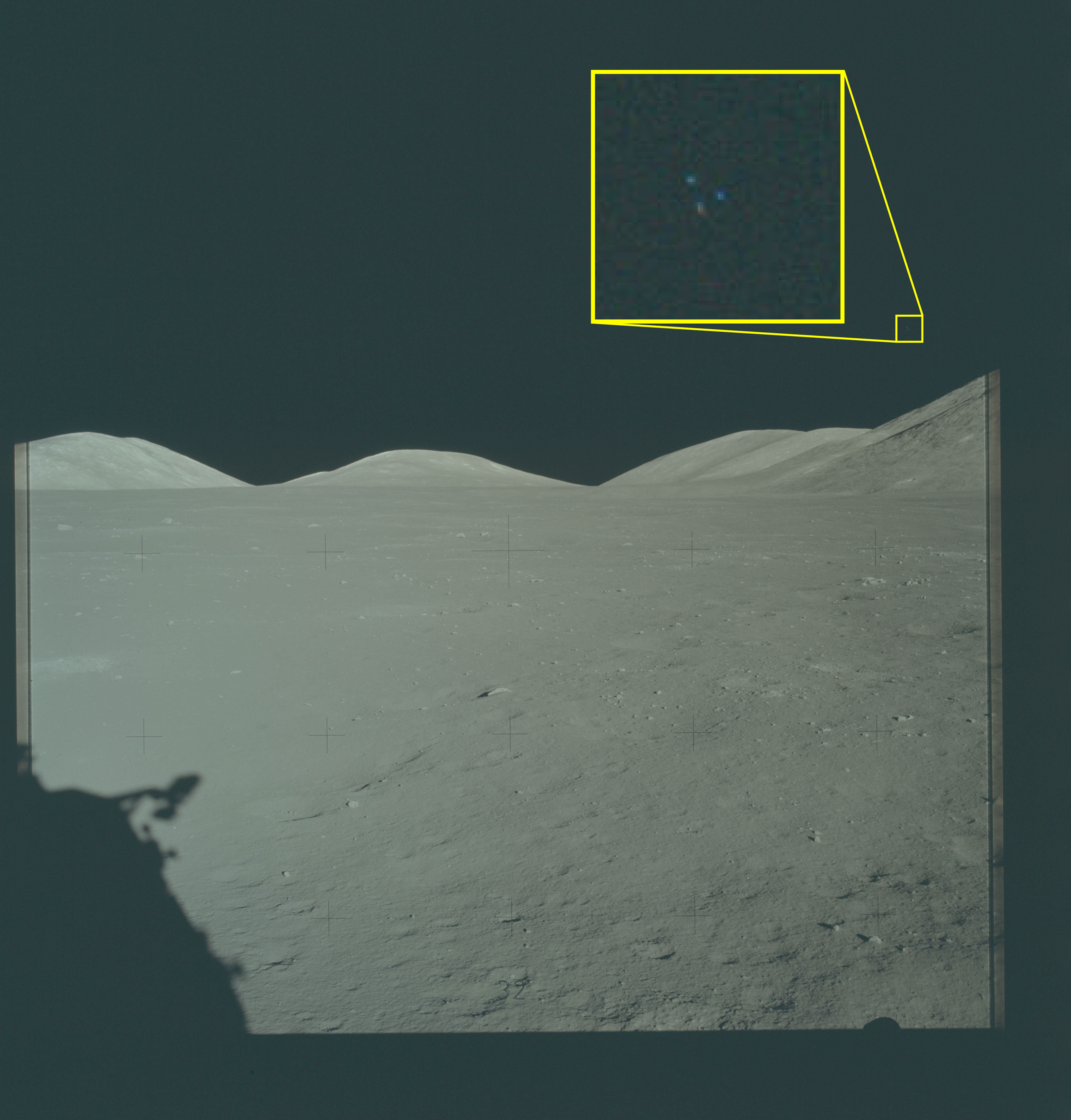 NASA-UAP-VM6 — Apollo 17, 1972. Three dots in triangular formation in the lunar sky.